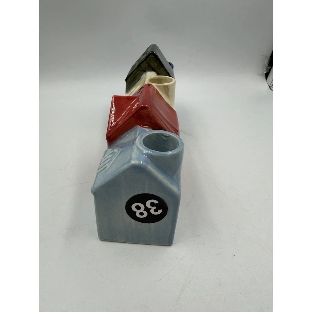NWT Re White Blue Ceramic Candle Holder Row of Houses 9